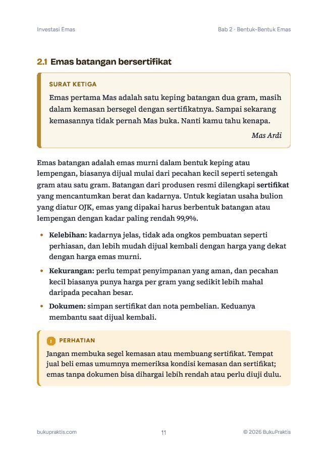 Contoh halaman Investasi Emas: Batangan, Tabungan Emas, dan Emas Digital